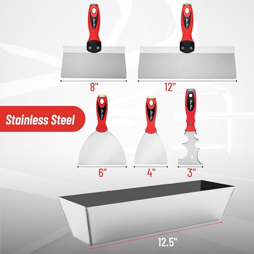 Bates Drywall Knife Set - 6pcs, Finishing Tools with Mud Pan & Spackle Knives - color: Red