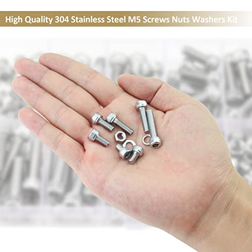 212 Pieces M5 x 6/8 /12/16 /20/25 /30mm Hex Socket Head Cap Screws Nuts Washers Assortment Kit, 304 Stainless Steel, Fully Machine Thread - size: M5, style: Socket Head