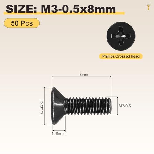 METALLIXITY M3-0.5x8mm Phillips Flat Head Bolts 304 Black 50Pcs - color: Black, size: M3-0.5x8mm