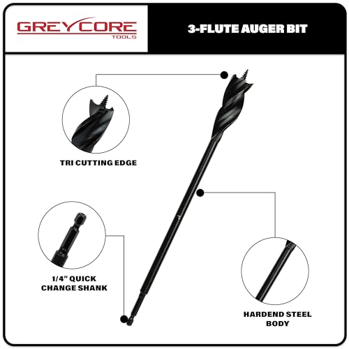 Greycore Tools 1/2 Inch x 12 Inch 3-Flute Auger Bit, Wood Drill Bit for Hard and Soft Wood, 1/4” Quick Change Shank, Woodworking Auger Bits (1/2” x 12” Auger) - size: 1/2" x 12", style: 12 Inch