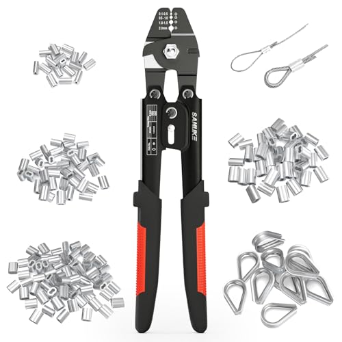 Sanuke Wire Rope Crimping Tool Kit, Swage for 3/64 1/16 5/64 inch Sleeves | Cutter & Crimper Plier with 160pcs Aluminum Crimping Loop Sleeve and 10pcs Stainless Steel Thimble