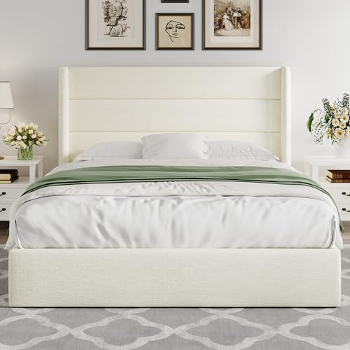 Allewie Full Size Chenille Lift Up Hydraulic Storage Bed Frame Cream White - color: Cream White, size: Full, style: Modern