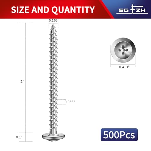 #8 x 2 Inch Wood Screw 500Pcs 410 Stainless Steel Standard Thread Truss Head Fast Self Tapping by SG TZH - color: Silver - Stainless Steel, size: #8 x 2"