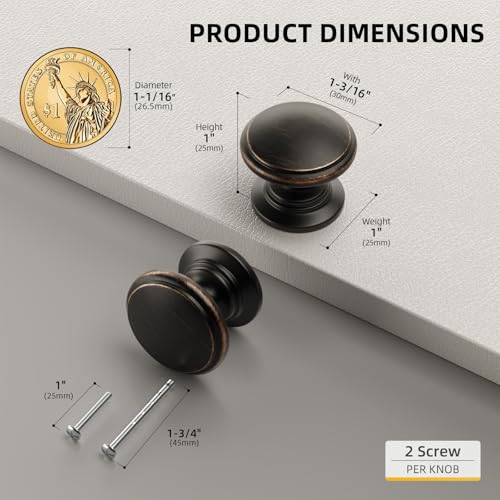Goldenwarm Cabinet Knobs, Oil Rubbed Bronze Dresser Knobs 1-1/5 Inch 10 Pack Round Kitchen Hardware, Solid Zinc Alloy, Single Hole, Screws Included, Drawer Knob for Cupboard Dresser Bathroom Vanity - color: Oil Rubbed Bronze
