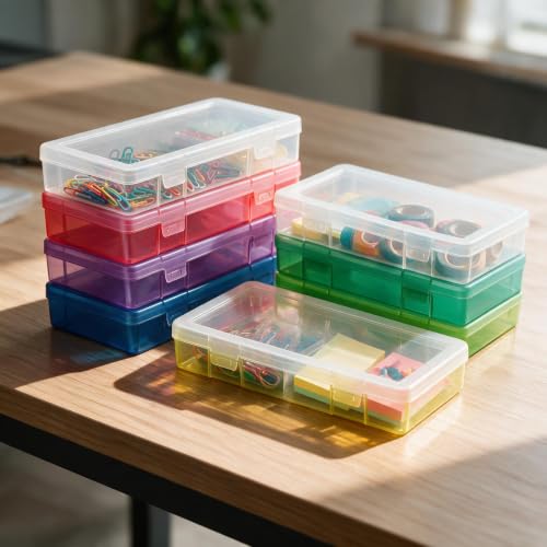 novelinks Small Plastic Storage Containers with Lids and Clear Pencil Box - color: 9 Pack Medium -Color
