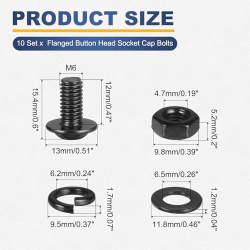 M METERXITY 10 Set M6 x 12mm Flanged Button Head Socket Cap Screws, Black 304 Stainless Steel 18-8 Hex Socket Head Screws Bolts, Nuts, Flat & Lock Washers for DIY, Furniture, Automotive - size: M6 x 12mm