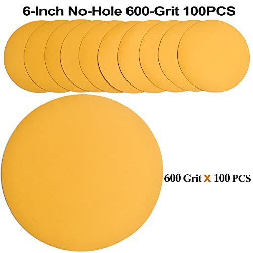 6-Inch No-Hole Hook and Loop Gold Sanding Discs 600-Grit, 100-Pack - size: 600 Grit