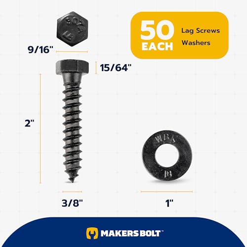 3/8 x 2 (50 Pack) Lag Screw Kit, 50 Screws and 50 Washers, Ceramic Black Ruspert Coating for Exterior Use, Meets ASTM A307 and ASME B18.2.1, Industrial/Commerical Grade by Makers Bolt - size: 3/8 x 2