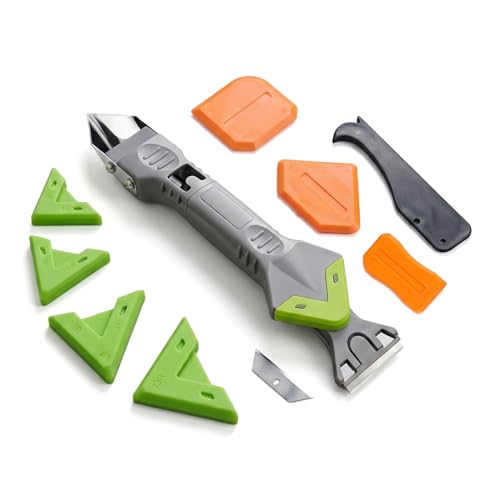 5-in-1 Caulking Tool Kit, Stainless Steel Caulk Remover & Silicone Sealant Finishing Tool with 5 Replaceable Radius Pads, Grout Removal & Scraper Tool for Bathroom, Kitchen, Tile, Window, Sink - color: Green