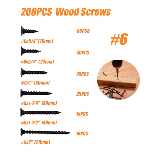200PCS #6 Wood Screws Assortment Kit, Drywall Screws, Black Wood Screws, Assorted Wood Screws, Flat Head Screws, Screw Assortment, 6 Sizes, (2'', 1-1/2'', 1-1/4'', 1'', 3/4'', 5/8'') - size: #6 200PCS