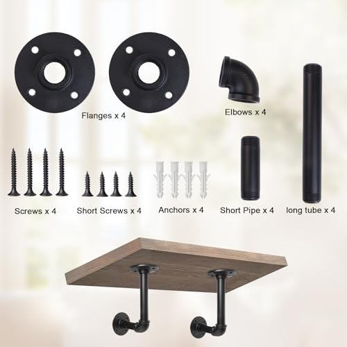 Storystore Industrial Pipe Shelf Brackets, 4 Pack Iron L-Shaped Shelving Brackets for 7-14 inches Board, Heavy Duty Metal Shelving Bracket - Black DIY Pipe Shelves (6.5 x 3.5 Inch) - size: 4 Pcs ( for board depth 7"-14")