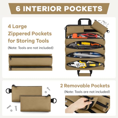 ANILD 18.5 Inch Extra Long Tool Bag Roll Up, Roll Up Tool Bag Organizer - color: Khaki, size: X-Large
