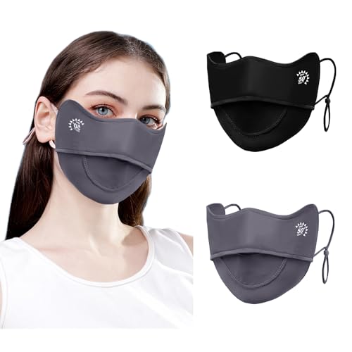 2Pcs UV Face Mask, Sun Masks for Women, Cooling Breathable Face Cover for Outdoors, Washable Reusable - color: Dark Grey, Black