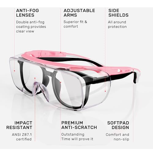 MORK&SUKY Safety Glasses Fit Over Prescription Eyeglasses, ANSI Z87 Certified,Anti-Fog Eye Protection for Men and Women. - color: Pink/White
