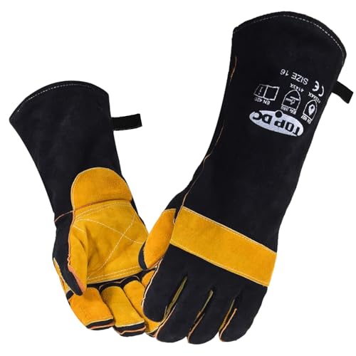 TOPDC Welding Gloves 16-Inch 932°F Heat Resistant Leather for MIG, Stick - color: 16 Inch Black-yellow
