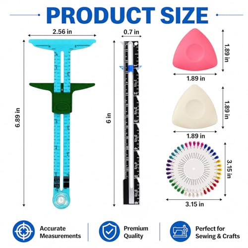 5 Piece Sewing Gauge Set, 5-in-1 Sliding Ruler & Seam Gauge, Blue - color: Blue