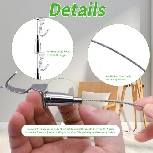 Adjustable Picture Hanging Wire Kit Picture Rail Hanging System Sturdy Gallery Display Rail Rope with 3 Hooks for Exhibition Art Gallery Frames Display (6.56 FT, 3 Hooks, 16) - style: 6.56 FT, 3 Hooks
