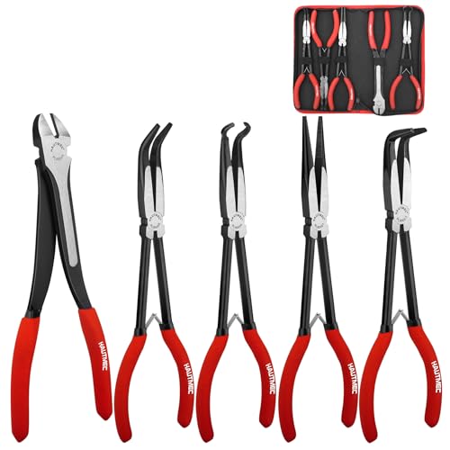 HAUTMEC 11Inch Extra Long Needle Nose Pliers Set, 5PCS Spring Loaded Heavy Duty Long Reach Pliers Include Hose Grip and Diagonal Cutting Plier, Straight and 45/90 Degree Bent Nose Pliers - color: 5pcs Long Plier Set