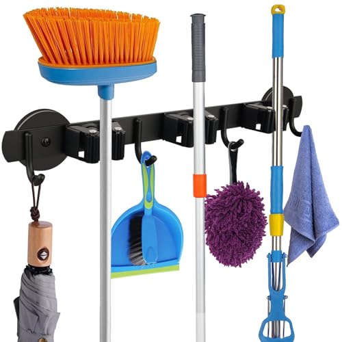 MUTUACTOR Magnetic Broom Holder,Anti-slip Heavy Duty Broom and Mop Hanger Metal Tool Holder 3 Racks and 4 Hooks for Laundry Garage Kitchen Factories Workshops Organization and Storage(1 Set) - style: Heavy Duty,New Black,3 Hooks 4 Slots