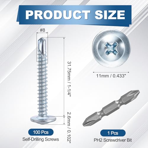 100Pcs #10x1-1/2 Sheet Metal Screws 410 Stainless Steel Silver - color: Blue and White, size: #8x1-1/4"
