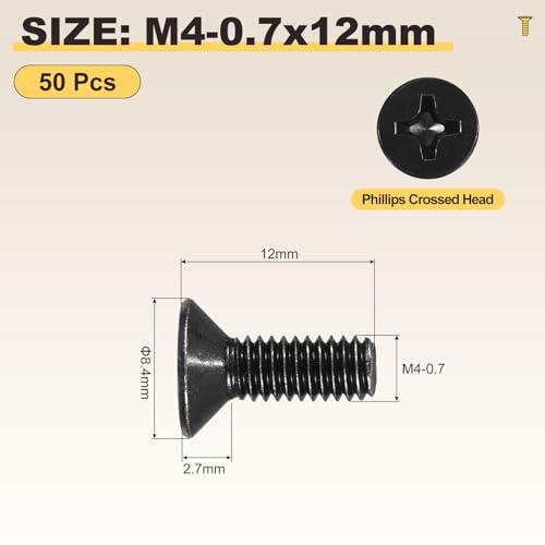 METALLIXITY M4-0.7x12mm Phillips Flat Head Bolts 304 Black 50Pcs - color: Black, size: M4-0.7x12mm
