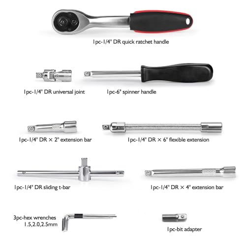 Egofine 46 Pieces 1/4 inch Drive Socket Ratchet Wrench Set Nickel Tool - style: 1/4" 46 PCS with 72 Teeth Ratchet