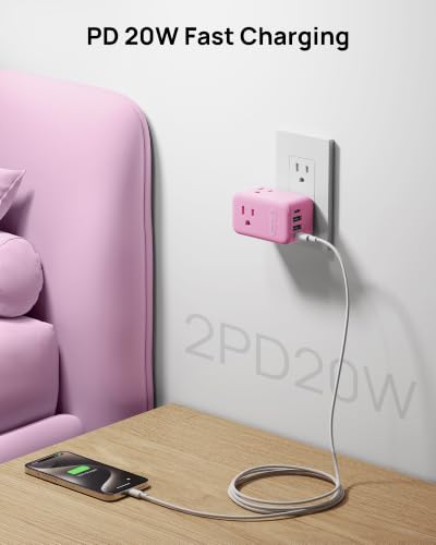TROND Outlet Extender with USB C, 3 AC Outlet Splitter with 360 Rotation - color: Pink, size: 3 Prong-1 Pack