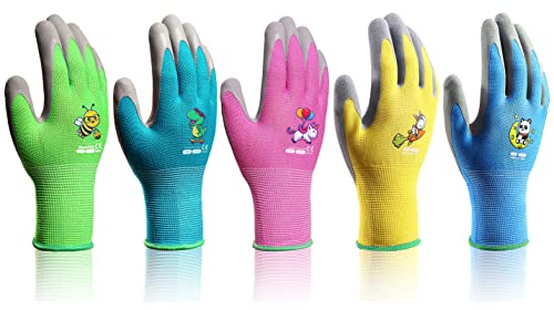 KDK 5 Pairs Kids Gardening Gloves Yard Work Gloves Children Soft Safety Rubber Coated Glove for Toddlers Youth Girls Boys Children (9-12yr L) - size: Large (Age 9-12)