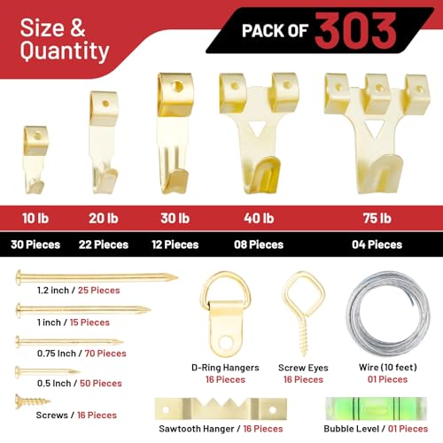 CrimsonMark 303-Piece Picture Hanging Assortment with Heavy Duty Hooks - size: Gold