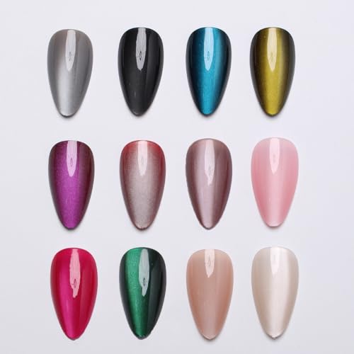 288Pcs Cat Eye Press on Nails Almond Shape 12 Color Glitter Fake Nails Medium, Sparkle Glass Nails Press on, Shiny Acrylic Glue on Nail Gradient Stick on Nail for Women Manicure - color: Style 10