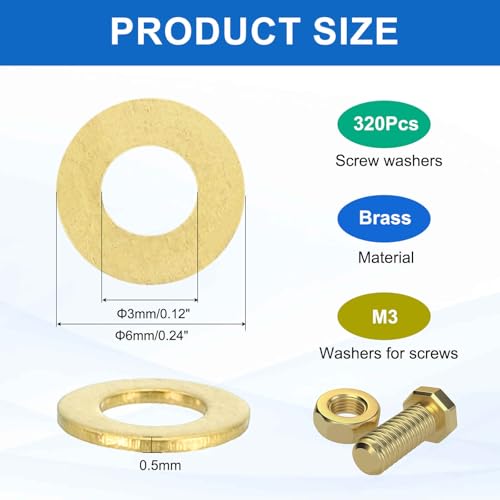 MECCANIXITY 320 Pack Brass Flat Washer, M3 Copper Washers Crush Washer Kit Assortment, 3mm ID, 6mm OD, 0.5mm Thick for Bolts Screws Machinery Repair, Outdoor Construction - size: 1/4" OD x 1/8" ID x 0.5mm