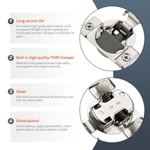 Satin Nickel Cabinet Hinges, 1/2 Inch Overlay, 10 Pack(5 Pairs) | Stainless Steel Build, Soft Close Concealed Hinge, 3D Self-Closing Adjustment, Face Frame Door Fit, Kitchen Cabinets - size: 1/2 inch overlay