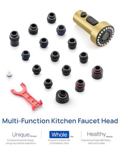 J-HVA Pull Down Kitchen Faucet Sprayer Head Replacement Part, Brushed Gold | 3 Function with 15 Adapters Pull Out Sink Sprayer Replacement Nozzle, Kitchen Faucet Head Hose Spray Tap Spout - color: Brushed Gold