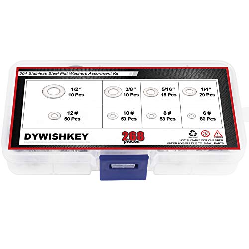 DYWISHKEY 268PCS 8 Sizes Flat Washers Assortment Kit, 1/2 3/8 5/16 1/4 12# 10# 8# 6#, 304 Stainless Steel