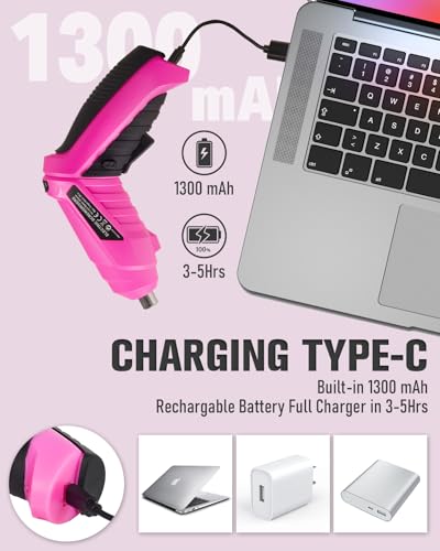 Durofort Pink Cordless Electric Screwdriver Set, 3.7V Rechargeable Small Electric Drill with 25pcs Driver Bit Set, Power 3Nm Screw Gun with 2 Position Handle, Flexible Shaft LED Light for Women