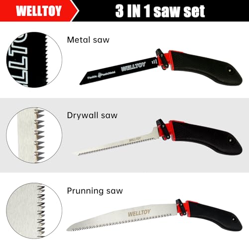 3-in-1 Multi Blades Hand Saw,18 TPI Bi-Metal blade,Drywall Saw with TPR Handle,Blade Quick-Change Mechanism for Cutting Drywall, Sheetrock, Wood, Metal, Plastic and Plywood. - size: 3 in 1
