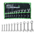 Grip 11 pc Master Stubby Combination Wrench Set SAE - 12 Point 15 Degree Offset Boxed End - Chrome Vanadium Steel - Chrome Plated - Storage Pouch - size: SAE