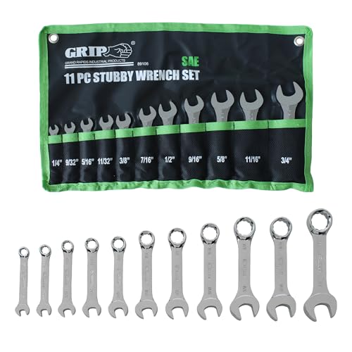 Grip 11 pc Master Stubby Combination Wrench Set SAE - 12 Point 15 Degree Offset Boxed End - Chrome Vanadium Steel - Chrome Plated - Storage Pouch - size: SAE