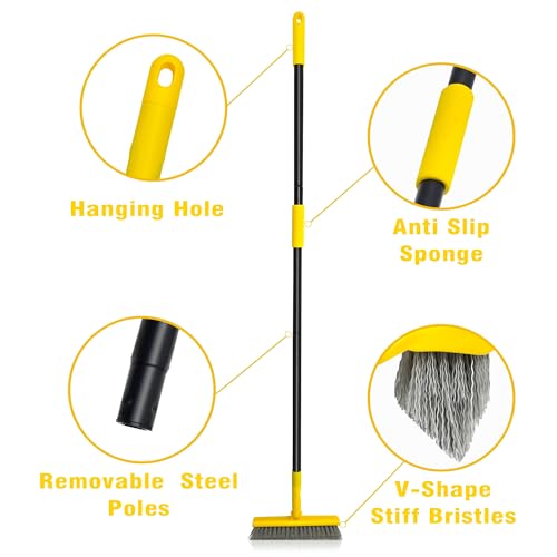2 in 1 Grout Brush with 49.6" Long Handle, Swivel Grout Cleaning Brush V-Shape Grout Line Scrubber, 180°Rotatable Shower Tile Scrub with Stiff Bristle for Deep Cleaning Shower and Corner