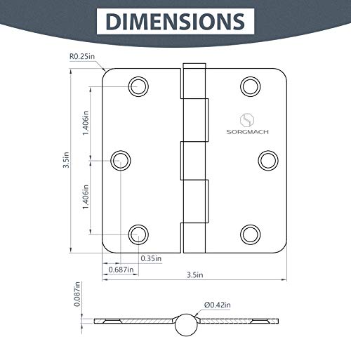 Door Hinges 3 1/2 Inch Matte Black 3.5 Inch Interior Hinges 1/4" Radius Iron Hinge 3 ½"x 3 ½" Door Hardware - 18 Pack - color: Matte Black-1/4" Radius