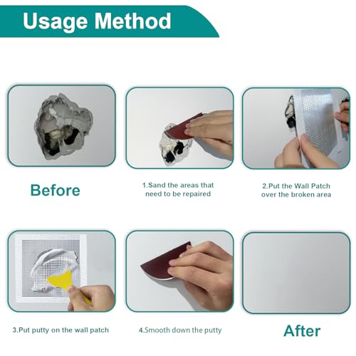 WYIRONG 10 Pack Drywall Repair Kit for Large Holes, 4/6/8 Inch Dry Wall Patch Kits for Erase a Small Nail Hole, Plaster Wall Patching Self Adhesive Aluminum Mesh with Scraper and Sandpaper - style: 10 Pack Drywall Patch Kit