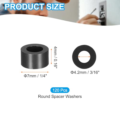 PATIKIL 120Pcs ABS Spacers 4mm ID, 7mm OD, 4mm Height Plastic Round Stud Spacer Black Nylon Washers Nut Unthreaded Rubber for M4 Screws Bolts Barrel - size: 4mm ID, 7mm OD, 4mm Height