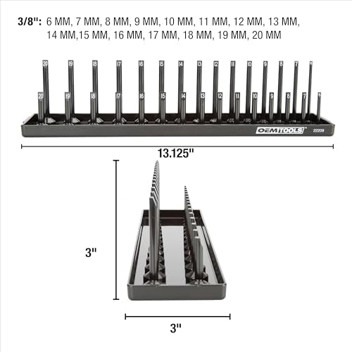 OEMTOOLS 22209 3/8" Metric Socket Organizer, 3/8 Socket Organizer for Deep and Shallow Sockets, Labeled Posts, Dual Rail, Holds 6 mm to 20 mm - size: 3/8"