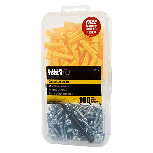 Klein Tools 53729 Conical Anchor Kit, 100 Anchors, 100#2 Phillips, 1/4 Inch Masonry Drill Bit, Drywall and Masonry (Pack of 2) - size: 100 Count (Pack of 2)