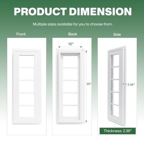 NeatiEase Vinyl Transom Window, 10" x 30" Fixed Glass Household Windows with Grids and Dual-pane Tempered Glass for House, Shed, Doors, Garage, Chicken Coop, Basement (White) - size: 10"x30"