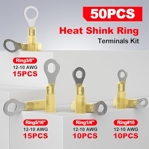 12-10 AWG/Gauge Heat Shrink Ring Terminal Kit Wire Connector Cable End Lugs - size: 12-10AWG-50pcs