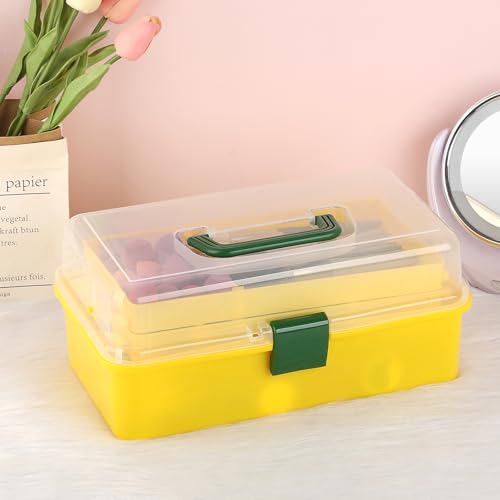 BTSKY 3-Layer Plastic Dividing Storage Box Craft Organizer and Storage - color: Yellow+Green