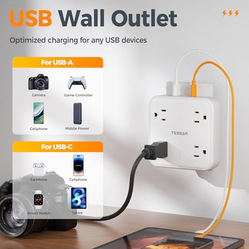 TESSAN Multi Plug Outlet Extender, Surge Protector Splitter | 3 USB (1 USB C Port) Wall Charger, Multiple Expander Surge Protector for Travel, Home, College Dorm Room, White - style: 1 USB C (White)