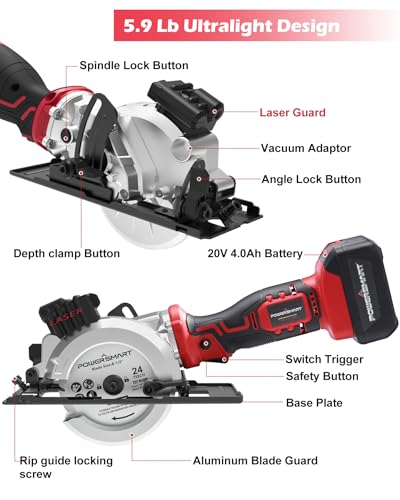 PowerSmart 20V 4-1/2 Inch Cordless Mini Circular Saw with 4.0Ah Battery and Fast Charger, 4 Blades Ideal for Wood, Soft Metal, Tile and Plastic Cuts