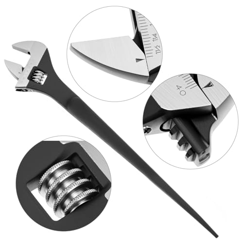 QWORK 16 Inch Adjustable Construction Spud Wrench, 1-1/2 Inch Jaw Capacity, SAE and Metric Scale Marked, Heavy Duty Alloy Steel with Expandable Design